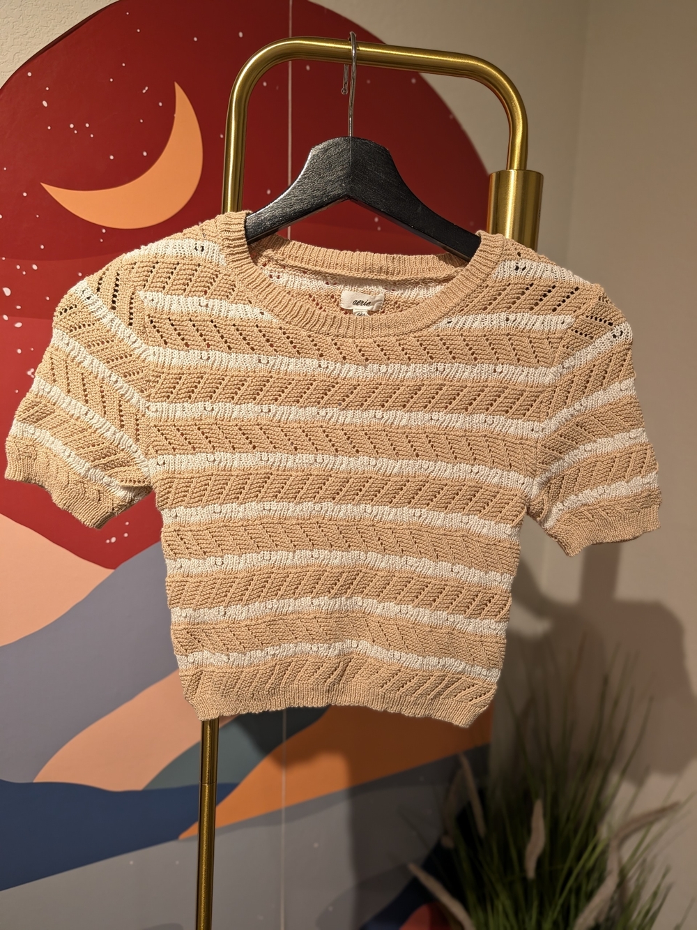 aerie Beige and White Striped Open-Knit Crop Top